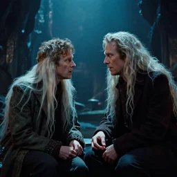 a dramatic photograph of neil gaiman having a conversation with dream from the sandman in a fantasy world, dramatic lighting, filmic, cinematographic, sci - fi