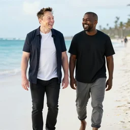 elon musk and kanye west happy smiling laughing walking around the beach in aruba