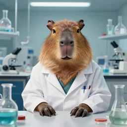 portrait of a proud old capybara doctor working in a chemical lab, artwork by gaston bussiere, craig mullins, trending on artstation, capybara dressed as a scientist