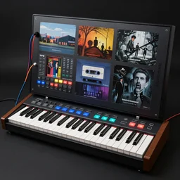 a synthesizer in cassette futurism, added modeled around the keyboard, tactile buttons and lights, a large patch bat with hanging colored patch leads roland, moog, arp by moebius, edward hopper and james gilleard, zdzislaw beksinski, steven outram, hd, 8 k, artstation