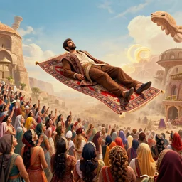 a brown man floating on a magical carpet ride. there are 10,100 adoring wives awaiting his landing.