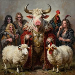 a hyper detailed painting of an anthropomorphic joaquin phoenix as the king of animals, cow horns, pig nose, sheep wool, chicken feathers, horror, by anna podedworna, by miklos ligeti, by diego maricato, by taran fiddler, by antonino truisi, by chris reddie, on artstation