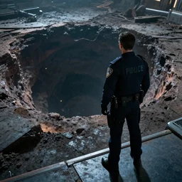 a futuristic police an standing on a ledge, looking down at a massive crater, cinematic lighting, sci-fi movie still