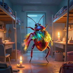 a vivid bug with fringes of light and color enters a hostel room and lights a candle, fantasy art