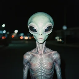 analog medium format film blurry street night flash photography close up the horror strange alien extraterrestrial portrait in roswell, 6 0 s hasselblad film street photography, featured on unsplash, vintage expired colour film photograph