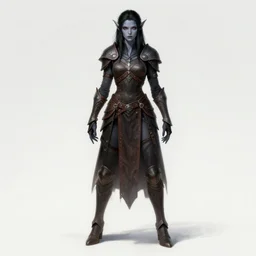 full body portrait of a beautiful female night elf warrior with grey skin and red eyes. black hair. sombra hair cut. full set of leather armour, ethereal fantasy art, artstation,