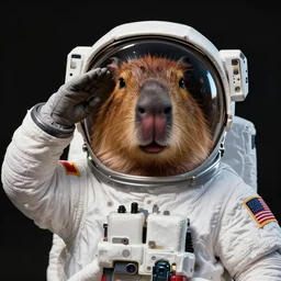 a beautifully detailed and charming portrait of a happy capybara astronaut in a spacesuit, saluting, putting his hand to his head, like a soldier, super cute, new modern, pop surrealism