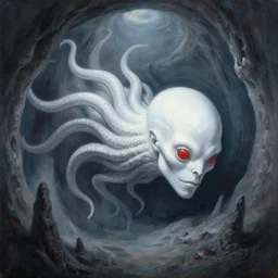 painting by greg rutkowski of a flying chalk white head, with tentacles coming of the neck, red eyes, flying in a terrying hell like cavernous place