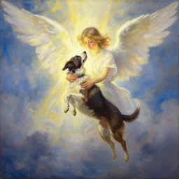 artwork, a dog being lifted up by heavenly angelic lights from heaven, oil painting, angelarium artist, irisdecent light