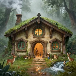 a medieval hobbit home, ornate, beautiful, atmosphere, vibe, mist, smoke, chimney, rain, wet, puddles, waterfall, forest, flowers, deer, concept art illustration, color page, 4 k, tone mapping, doll, akihiko yoshida, james jean, andrei riabovitchev, marc simonetti, yoshitaka amano, digital illustration, greg rutowski, volumetric lighting, sunbeams, particles