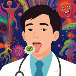 a colorful vibrant closeup portrait of a simple doctor licking a tab of LSD acid on his tongue and dreaming psychedelic hallucinations, by kawase hasui, moebius, Edward Hopper and James Gilleard, Zdzislaw Beksinski, Steven Outram colorful flat surreal design, hd, 8k, artstation