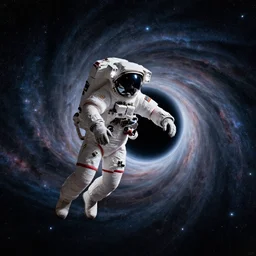 photograph of an astronaut floating near a black hole space vortex, interstellar space suit, cinematic, hypermaximalist, detailed, 4k, breathtaking stars, surrealism, concept art, digital art, sharp focus, octane render, Trending on DeviantArt