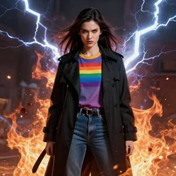 a goddess of destruction dressed in a black trench coat, rainbow t - shirt, and jeans, high contrast, angry, divine, plasma, lightning, fire, inferno, explosion, in a symbolic and meaningful style, insanely detailed and intricate, hypermaximalist, elegant, ornate, hyper realistic, super detailed
