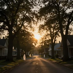 sunse, tree silhouettes, ghostly people, small town, nostalgic town, trees over roads