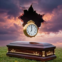 At a funeral time itself, clock being lowered into a casket, the sky tearing open with color