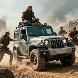 Mahindra thar, tribe members attacking, action scene, an epic fantasy, dramatic lighting, cinematic, establishing shot, extremely high detail, photorealistic, cinematic lighting, Maxwell Boas Jessica Rossier Christian Dimitrov Anton Fadeev trending on Artstation CGSociety rendered in Unreal Engine 4k HQ