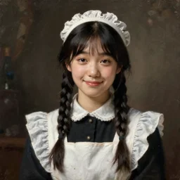 a ((sadly)) (((smiling)))) black haired, young hungarian servantmaid from the 19th century who looks very similar to (((Lee Young Ae and Lee Young Ae))) with a two french braids, detailed, soft focus, realistic oil painting by  John Everett Millais, Munkácsy, Ilya Repin, Csók István, and da Vinci
