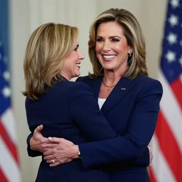 press photo of a beautiful thirty - five year old powerful white female president in a suit, being held romantically by her two younger white boyfriends in the white house rose garden, professional photo, press photo, glamorous, 8 k photorealistic, very detailed