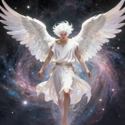 harmony of white haired angel yoongi wearing greek clothes, muted colors, nebula background, neon sparkles everywhere, big wings, dynamic hair movement, + + + + dynamic pose, holographic space, glowing effect, j. c leyendecker, by alan lee, wlop! illustrated by starember, fantasy art by craig mullins