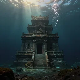 full color, wide shot of submerged pre - incan temple, dark, underwater, symmetrical, crepuscular rays, bubbles, abyss, grenada underwater sculpture park, anime style mixed with fujifilm, detailed gouache paintings, stylized, very dark, murky, foggy, atmospheric, artstation, cgsociety, octane render, cgi, unreal engine 5, denoise, detailed, cinematic masterpiece