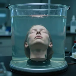 a disembodied head being kept alive in a vat inside a dingy laboratory,