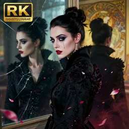 hyperrealistic portrait of a woman as amber heard as a vampire witch tears makeup bun in a black flower coat turned back reflection in a window portrait cracks with falling petals. by jeremy mann and alphonse mucha, fantasy art, photo realistic, dynamic lighting, artstation, poster, volumetric lighting, very detailed faces, 4 k, award winning