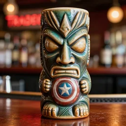 a closeup photorealistic photograph of a captain america style tiki mug sitting at a trader vic's bar featuring captain america's face. tiki theme. bright scene. fine detail. this 4 k hd image is trending on artstation, featured on behance, well - rendered, extra crisp, features intricate detail, epic composition and the style of unreal engine.