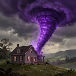 purple tornado colliding with a house on a hill digital art 8 k