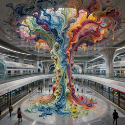 a beautiful insanely detailed modern metro station intricate detailed color smashing fluid oilpaint, 3 d render, hyper realistic detailed, sharp, melting wax, fluid acrilic, thin fractal tendrils, scifi, fantasy, hyper detailed, octane render, concept art, by peter mohrbacher, by wlop, by ruan jia