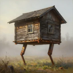 a walking wood house with two mechanical legs, rust, hyperrealistic, highly detailed, cinematic, single ray of sun, fog, beautiful, cgssociety, artstation, 8 k, oil painting