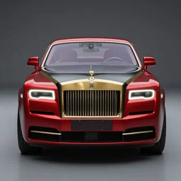3 d octane render, super detailed, ray tracing, high quality, super realistic, futuristic red black and gold rolls royce. front view. aspect ratio 1 6 : 9