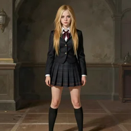 school girl in victorian dress avril lavigne face, school uniform, seifuku, pleated miniskirt, overknee socks, battle angel alita. by rembrandt 1 6 6 7, illustration, by konstantin razumov