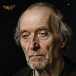 close up portrait of a dying old man with moth. night with stars. jan van eyck