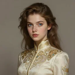 girl with blue eyes and brown hair wearing a well-crafted outfit, elegant, highly detailed, digital painting, artstation, concept art, smooth, sharp focus, illustration, art by artgerm and alphonse mucha