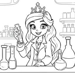 princess scientist, chemistry, test tube, laboratory, in the colouring book style, black and white, disney, marvel, labcoat, tiara, cartoon,