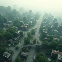 a stylized 2 d cinematic keyframe of a post - apocalyptic city covered by nature roads seen from above debris, abandoned, neutral tones, joy gaze, cel - shaded, classical animation, cinematic, edge - to - edge print, rendered by studio ghibli, artgerm, alyssa monks, andreas rocha, david kassan, neil blevins, golden ratio, ambient lighting, wlop