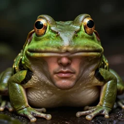 hyperrealistic mixed media image of ( bullfrog ) with human face info wars alex jones, stunning 3 d render inspired art by xiang duan and thomas eakes, perfect facial symmetry, hyper realistic texture, realistic, highly detailed attributes and atmosphere, dim volumetric cinematic lighting, 8 k octane detailed render, post - processing, masterpiece,