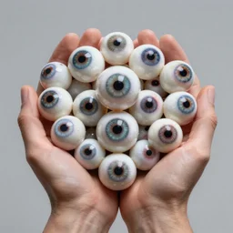 two hands holding dozens of human eyeballs, octane render, photo realistic, hyper realistic, 8 k resolution in the style of alvin schwartz