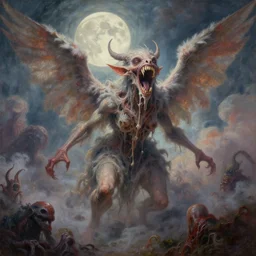 concept art of giant fairy, lovecraftian, lots of teeth, melting horror, wings made of fluffy feathers, round moon, rich clouds, fighting the horrors of the unknown, high resolution, very detailed, roaring, volumetric light, mist, grim, fine art, textured oil over canvas, epic fantasy art, very colorful, ornate