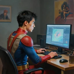an insanely detailed painting of an asian man wearing a homemade superhero costume, sitting at a desk, staring seriously at the computer and typing, in the style of peter mohrbacher, james jean, dramatic lighting and composition, surreal background, octane render, pixar, trending on artstation, concept art, comic book, view from behind, 8 k