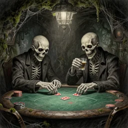 undead playing poker and drinking in a cozy dungeon, cobwebs, grunge, dungeon, mossy, volumetric lighting, hyper real, pencil art, moody lighting, eldritch horror, comfy