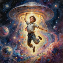 a hyper detailed high painting with many complex textures of a boy playing and jumping, just being happy and free in the cosmos, cosmic surreal psychedelic magic realism spiritual ufo art