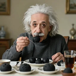Albert Einstein eating black holes for breakfast. Photo-realistic highly-detailed 4K