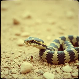 a misteriuos old film photography of a snake wih a beautiful pattern, desert