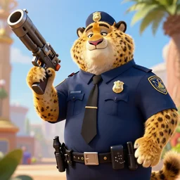 cheetah in policeman suit with massive gun in hand, zootopia stile, realistic, warrior, concept art, artstation trending, cgsociety, octane render, unreal engine 5, 8 k, by greg rutkowski, alberto ubertino, fausto de martini