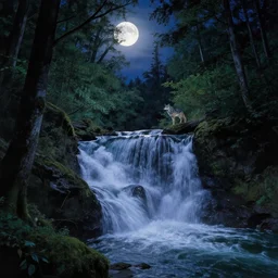 Wolfcreek forest at night, Waterfall, moonlight, Greg Rutkowski, Thomas Kinkade, hyperrealism