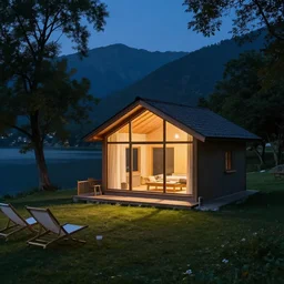 A cottage with a big picture window light up by a lake Surrounded by trees and mountains in the background and beach chairs and trees in the foreground at night