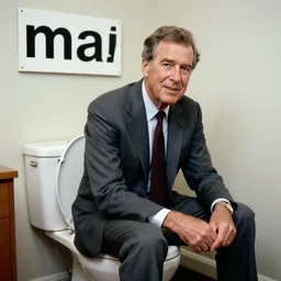 George Bush sitting on a toilet with a sign in the background that says manosef