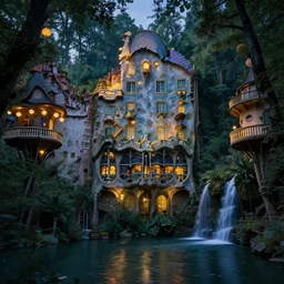 treehouses from gaudi in a deep mystical forest, floating chinese lampoons, lake, waterfall, dynamic lighting, blockhaus architecture, night mood