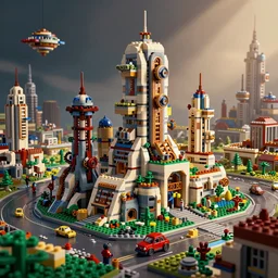 a futuristic steampunk city made out of Lego duplo, cinematic, octane render,